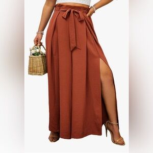 Simplee Women's Elegant Split High Waisted Belted Flowy Leg Pants with Pockets